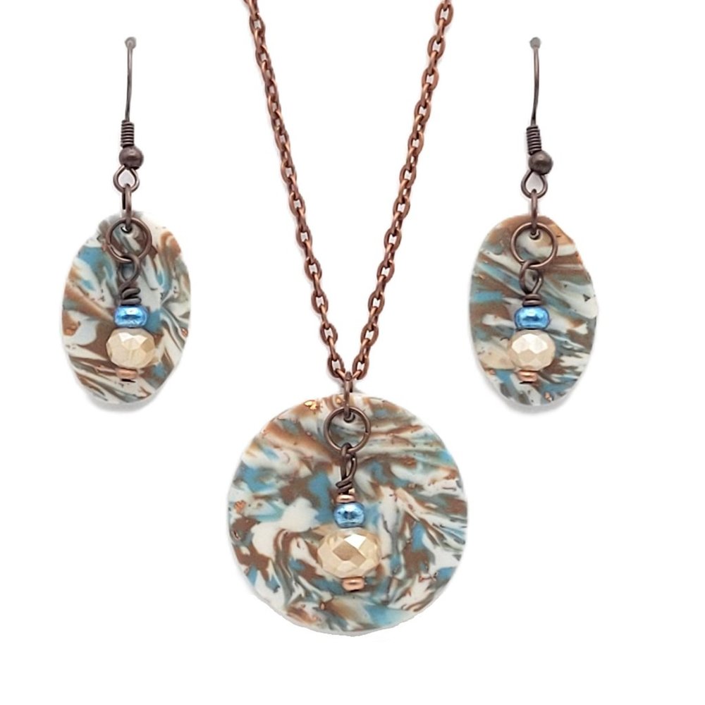 Necklace and Earrings Set - Blue, Brown, Cream and Brass - Unique Polymer Clay